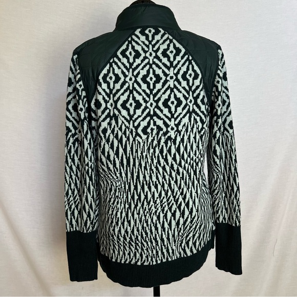 Dark Green and White Merino Wool Blend Geometric 3/4 Zip Up Sweater - Picture 2 of 14